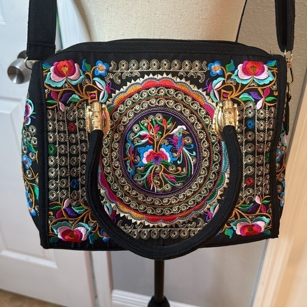 Daubdo Black Floral Canvas Embroidered Casual Shoulder Satchel Bag - Picture 3 of 11
